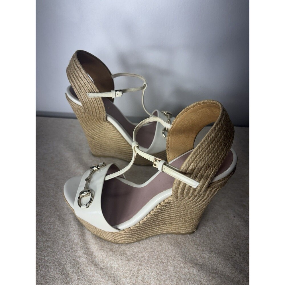 GUCCI  Women’s Horsebit Wedge High Heel Ankle Strap Cream Sandals 388866 Sz 36 - Picture 6 of 15